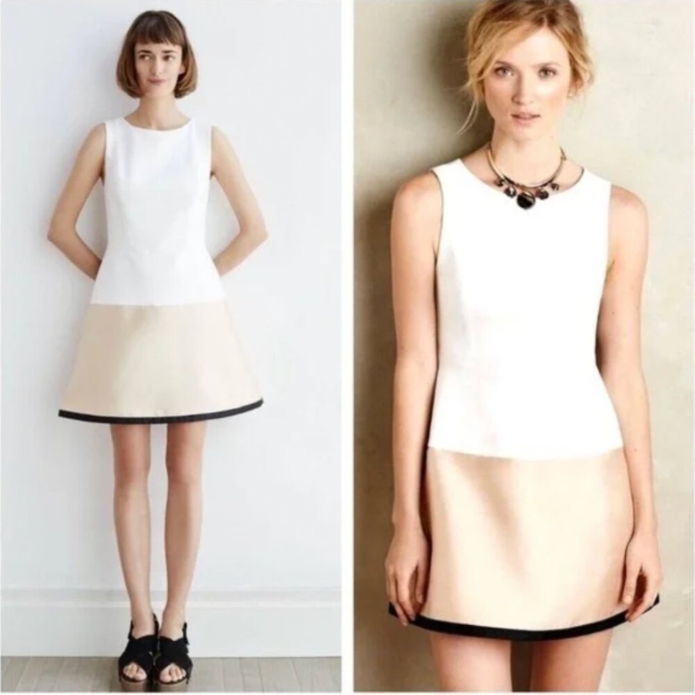 Anthropologie Maeve Gold White Sleeveless Boatneck Colorblock Mini Dress